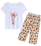 MyFav Women's Pyjama Sets Plus Size Sleepwear Soft Comfort Pjs Cute Giraffes Two Piece Nightwear Lounge Set,White,3XL