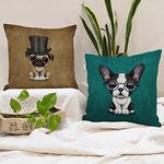 STITCHNEST Unique Cute French Bulldog and Pug Puppy with Monacle, Digital Print Jute Cushion Cover, 16 X 16 Inches (Set of 2), 50 TC,Multicolor