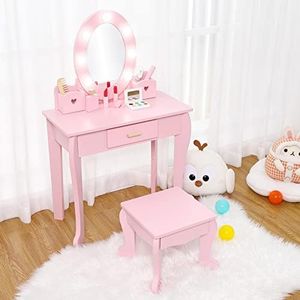 Bophy Girls' Vanity Table and Chair Set, Kids Makeup Dressing Table with Lights & Wood Makeup Playset, Kids Vanity Set with Mirror & Drawer for Age 4-9, Pink (STM-101PA)