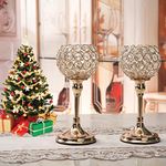 VINCIGANT Gold Crystal Pillar Candlestick Holders Set for Wedding Coffee Table Decorative Centerpieces House Decor Gifts,Assembled 2Pcs Set 25cm Tall