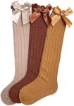 OYOANGLE Girl's 3 Pairs Knee High Socks Bow Cute Over Calf Kids Over knee Stockings Brown 4-5Y