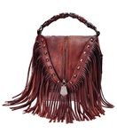 ZLYC Women's Leather Bamboo Hand Strap Featured Fringe Bohemian Tassel Studed Cross Body Bag, Red, One Size