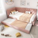BTM 3FT-90x190cm Upholstered Single Bed, Daybed with Pull-Out Bed, Trundle Bed with Slatted Frame, Velvet Pink (No Mattress)