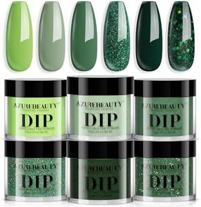 AZUREBEAUTY Evergreen Dip Powder Nail Kit, 6 Colors Glitter Green Sparkle Forest Dark, Summer Seasons Dipping Powder Color French Nail Art Manicure DIY Salon Gifts for Women, No Need Nail Lamp Cured