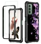 RAUEDWDJS for Cricket Outlast Case,At&t Jetmore Phone Case with Glass Screen Protector,Heavy Duty Hard PC & Soft TPU Bumper Shockproof Protective Phone Case for Cricket Outlast-Purple Butterfly