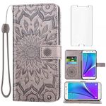 Phone Case for Samsung Galaxy Note 5 Wallet Cases with Tempered Glass Screen Protector and Leather Slim Flip Cover Card Holder Stand Cell Accessories Glaxay Note5 Gaxaly Notes 5s Five Women Men Gray