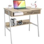 Computer Desk, Small Office Desk, Bureau Gaming Desk, 31.5inch Study Table, Sit Stand Desk with Drawers, Bureau de Bureau de Travail, Oak Wood Desk with White Metal Frame