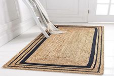 Bucket Fly Natural Jute Cotton Natural Fibers Floor/Door Mat Rug Furnish Décor Striped Rectangular Design Carpet for Bedroom Living Room/Kitchen/Hall/Office (2x5 feet Jute Black)