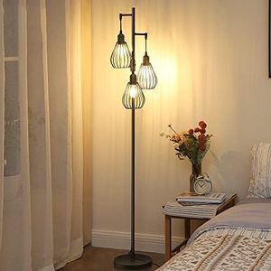 EDISHINE Lámpara de Pie LED Vintage Negra, Regulable, 3 pantallas de jaula en forma de lágrima con Bombilla E27, Diseño Industrial Fabricada en Metal, Ahorra Energía, para Salón, Oficina, Dormitorio…