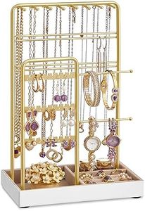 SONGMICS Soporte para Joyas, Organizador de Joyas, Expositor de Joyas, Marco de Metal, Bandeja de Terciopelo, para Collares, Pulseras, Pendientes, Tachuelas, Anillos, Regalo, Dorado JJS021A01