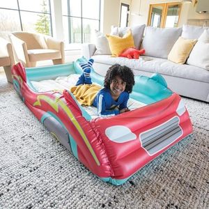 MindWare Oh So Fun! Inflatable Racecar Bed - Twin Size Kids Travel Car Mattress with Sides Including Hand Pump & Storage Bag