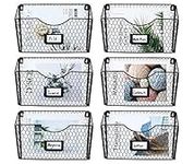 PAG 6 Pockets Hanging File Holder Wall Mount Mail Organizer Metal Chicken Wire Magazine Rack with Tag Slot, Black