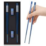 TIICOO Metal Chopsticks Reusable 2 Pairs Titanium Plated Stainless Steel18/8 Chopsticks with Holder, Dishwasher Safe Lightweight Japanese Style Chopsticks Gift Set (Blue)