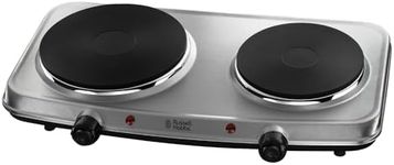 Russell Hobbs Double Hot Plate Electric Stainless Steel Hob, 2 Cast iron plates, Large 1500W, Small 750W, Portable, Table top, Variable & Individual temp control, Easy to clean, 15199