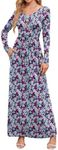 DEARCASE Maxi Dress for Women Floral Black Tri Colored Flowers X-Large Round Neck Boho Long Sleeves A-line Casual Hawaiian Empire Waist Flowy Party Vintage Spring Fall Winter LongDresses with Pocket