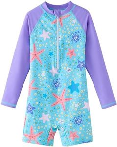 UMELOK Girls Rash Guard Swimsuits Long Sleeve One Piece Swimwear with UPF 50+ Sun Protection Zipper Bathing Suits Blue Starfish,4T