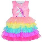 Sunny Fashion Girls Dress Pink Unicorn Ruffle Rainbow Cake Skirt Size 5 Years