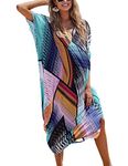 Eddoyee Colorful Print Beach Kaftan Maxi Dresses for Women V Neck Side Split Bathing Suit Cover Up