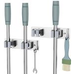 SHYOSUCCE Broom Mop Holder, Stainless Steel Broom Storage with Racks and Hooks, Broom Holder Wall Mounted for Kitchen, Bathroom, Garage, Garden (Grey, 1 hook and 2 Racks)