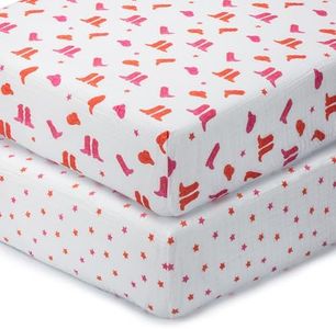 LollyBanks Baby Girl Crib Sheets 2 Pack, 100% Muslin Cotton Soft and Breathable Baby Crib Sheets, Snug Fitted Sheet for Standard 52"x28" Mattress, Nursery Must Haves (Pink Boot and Pink Star)