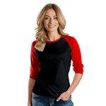 Baseball Tshirt Womens Three Quarter Length Sleeve Tops for Women-3/4 Length Sleeve Womens Tops Plus Size, Black & Red Women Raglan, XL