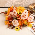 2Pcs Large Artificial Fall Flowers,Thanksgiving Floral Arrangement with Berry and Maple Leaf Decoration, Autumn Faux Bouquet for Home & Party Indoor Decor in Table Centerpieces,Yellow&Orange