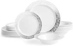 MATANA 75 Pcs White Plastic Tableware Set with Silver Lace Border - 25 Dinner Plates, 25 Side Plates, 25 Bowls - Elegant & Reusable Dinnerware for Parties, Wedding, Birthday, Picnic