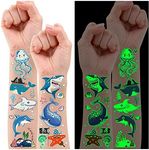 Partywind 130 Styles Luminous Shark Temporary Tattoos for Kids, Glow Shark Birthday Decorations Party Favors Supplies for Boys and Girls, Ocean Under Sea Fake Tattoo Stickers (10 Sheets)