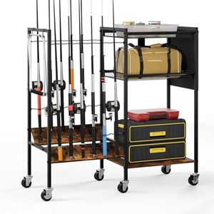 Jsluiiys Fishing Rod Holders for Garage, Vertical Fishing Pole Stand for Ground, Fishing Rod Storage Rack with Wheels for 12-Rods, Wood Fishing Gear Equipment Organizer Cart, Fishing Gifts for Men