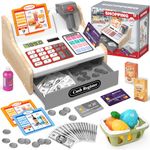 2025 Wooden Cash Register with Scanner Calculator Till Toy for Kids Ages 3+, Pretend Play Shop Toys Educational Gifts for Toddlers 3 Year Old Girls Boys, White & Grey