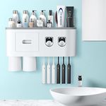 Hushnow Toothbrush Holder Wall Mounted, Toothbrush Holder for Bathroom with 2 Automatic Toothpaste Dispenser, 2 Magnetic Cups, 6 Toothbrush Slots,1 Cosmetic Organizer Drawer and 1 Large Storage Tray