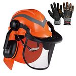 SAFEYEAR Forestry Hard Hat, Cap Style Chainsaw Safety Helmet with 6 Point Ratchet Suspension for Women & Men, with Adjustable Ear Muffs & Face Shield Visor, Neck Shade,Cut-Resistant Gloves