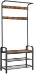 VASAGLE Coat Rack, Coat Stand with Shoe Storage Bench, 4-in-1 Design, with 9 Removable Hooks, a Clothes Rail, for Hallway, Entrance, 33.7 x 84 x 183 cm, Industrial, Rustic Brown and Black HSR400B01