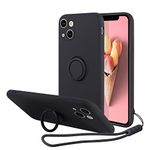 UEEBAI Case for iPhone 13 6.1 inch, Ultra Slim TPU Shockproof Case Liquid Silicone Case Rotatable Ring Holder Kickstand with Magnetic Car Mount Gel Rubber Cover Wrist Strap for iPhone 13 - Black