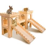 Extra Large Wooden Rabbit Castle Hideaway Tunnel and Bed Small Animal Hideaway Hut Solid Safe Construction Play Hideaway Hut for Rabbit Guinea Pig Chinchilla