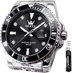 OLEVS Men's Watch, Fashion Classic Black Big Face Stainless Steel Diamond Dress Calendar Gold Waterproof Luminous Wrist Watches for Men
