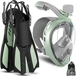 Odoland Snorkeling Package Set, Snorkeling Gear for Adults with Full Face Snorkel Mask, Adjustable Swim Fins, Mesh Bag, Anti-Fog Anti-Leak Scuba Gear for Men Women,Olive Green,M