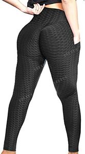 FITTOO Women's High Waist Leggings Tummy Control Scrunched Booty Tight Workout Running Butt Lift Textured Pants Side Pocket Black X-Large