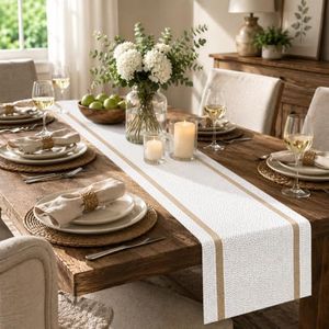FAVE 12PCS Woven Vinyl Table Runner White Table Runner Woven with Golden Threads 120x12 Inches Heat Resistant Dining Table Mats for Wedding, Banquet, Birthday, Party, Restaurant (White, 12PCS)