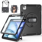 Miesherk Case for iPad Air 11 inch 2024 M2 6th Generation, Military Heavy Duty Shockproof iPad Air 5th/4th 10.9 2022/2020-Screen Protector, Pencil Holder, Rotating Stand, Hand/Shoulder Strap, Black