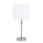 Modern Stick Accent Table Lamp with Pull Chain and White Fabric Shade, 19" Brushed Steel