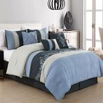 Chezmoi Collection Napa 7-Piece Luxury Autumn Leaves Scroll Embroidery Bedding Comforter Set (Queen, Navy/Blue/Gray)