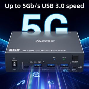 Dual Monitor KVM Switch USB-C & HDMI – 4K@60Hz, 2 Computers, 4 USB 3.0, 80W PD, Wired Remote