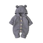 DovFanny Newborn Baby Winter Outfit Knitted Sweater Romper Infant Boy Girl Long Sleeve Hooded Jumpsuit Clothes Gray（3-6M