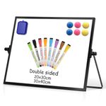 DOLLAR BOSS Magnetic Desktop Whiteboard 30x40cm Black Frame Double Sided Dry Erase Small White Board with Stand, A3 Mini Whiteboard 8 Pens, 1 Eraser, 6 Magnets, for Kids Students School, Home, Office