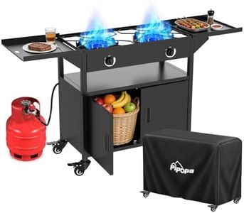 2 Burner Propane Camp Stove with 4 Wheels| 150,000 BTU Gas Burners| Side Shelves with Storage Cabinet | 300Lbs| Waterproof Cover| Easy to move&Outside-in Assembly| for Camping Backyard Outdoor Cooking