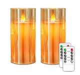 Pack 2 - LED Glass Cup Pillar Candle | Real Wax | Flameless Electric Candles with Flickering Faux Wick | Amber Color Glass | Battery Powered with Remote Controller for Home Decor (H-6" x D-3")