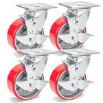 Nefish 5 Inch Industrial Casters Set of 4, Heavy Duty Casters with Brake 4000 Lbs, No Noise Polyurethane Wheel on Steel Hub, Swivel Plate Caster Wheels for Toolbox Workbench (4 Swivel & Brakes)