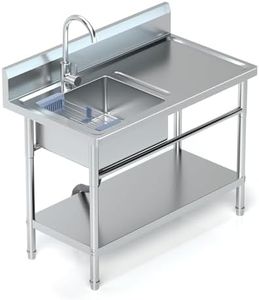 PurezmMoto Utility Sink Freestanding Single Bowl Laundry Sink with Hot and Cold Water Plumbing Workbench & Storage Stainless Steel Sink for Kitchen and Bathroom Farmhouse Style, 39Inch, Metallic Gray