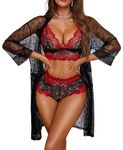 RSLOVE Sexy Lingerie Robe Set - Womens Lingerie 3 Piece Lace Robe with Bra and Panty Set High Waist Nightwear Black & Red L